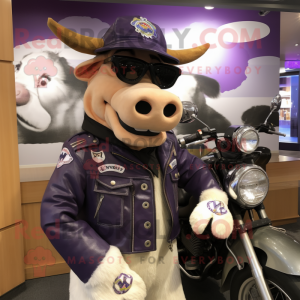 Lavender Guernsey Cow mascot costume character dressed with a Biker Jacket and Berets