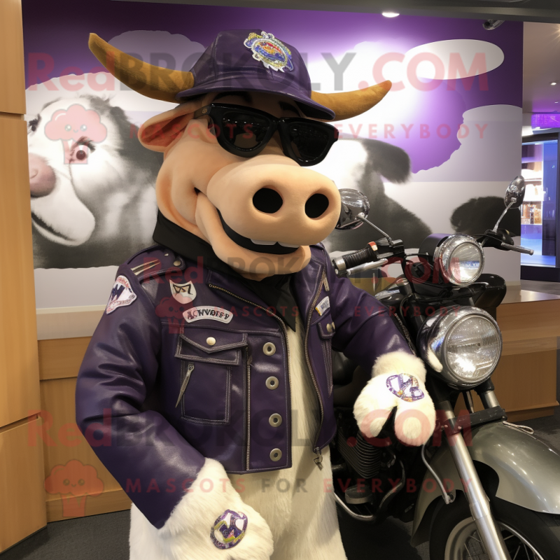 Lavender Guernsey Cow mascot costume character dressed with a Biker Jacket and Berets Lavender Guernsey Cow mascot costume character dressed with a Biker Jacket and Berets