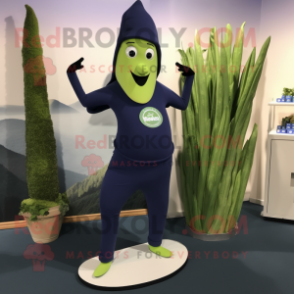 Navy Asparagus mascot costume character dressed with a Yoga Pants and Hat pins
