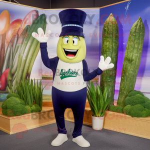 Navy Asparagus mascot costume character dressed with a Yoga Pants and Hat pins