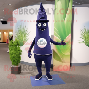 Navy Asparagus mascot costume character dressed with a Yoga Pants and Hat pins