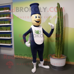 Navy Asparagus mascot costume character dressed with a Yoga Pants and Hat pins