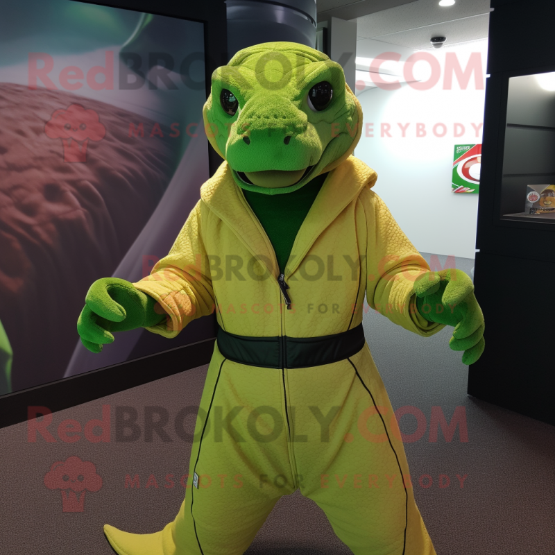 Lime Green Komodo Dragon mascot costume character dressed with a Hoodie and Belts