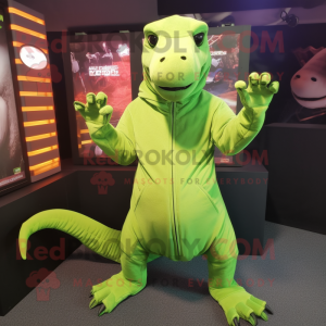 Lime Green Komodo Dragon mascot costume character dressed with a Hoodie and Belts