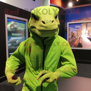 Lime Green Komodo Dragon mascot costume character dressed with a Hoodie and Belts