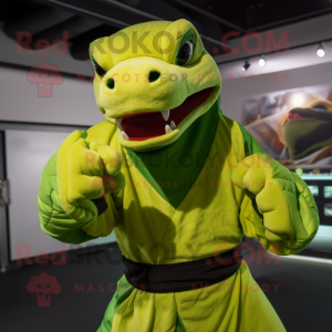 Lime Green Komodo Dragon mascot costume character dressed with a Hoodie and Belts