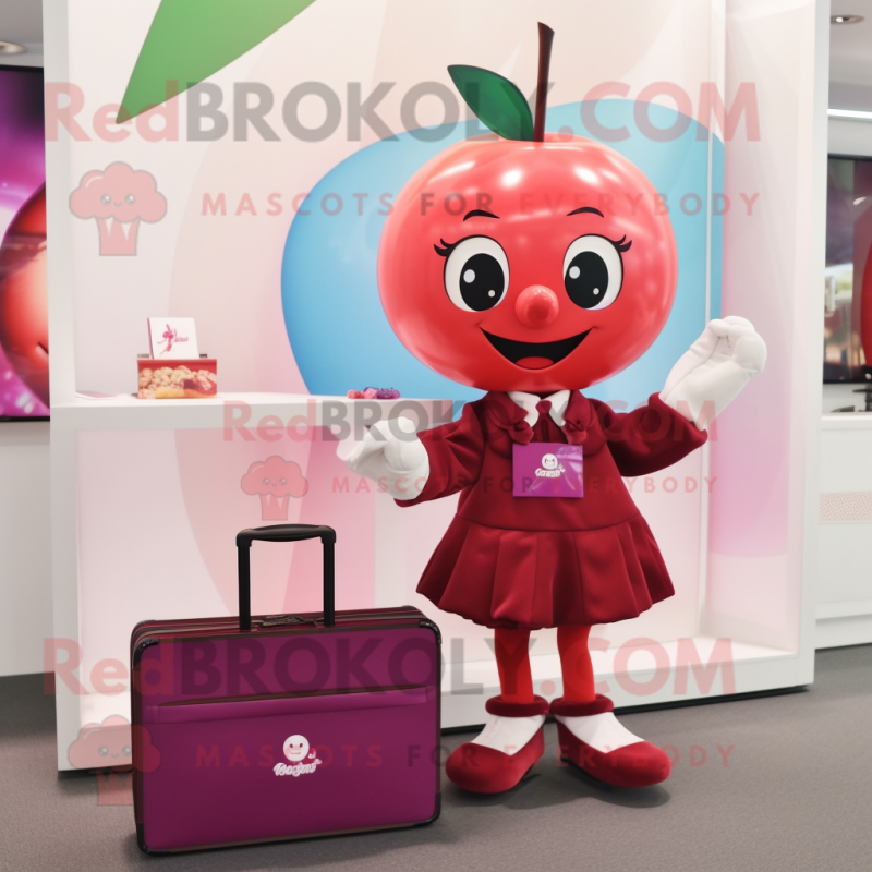 Magenta Cherry mascot costume character dressed with a Mini Skirt and Briefcases