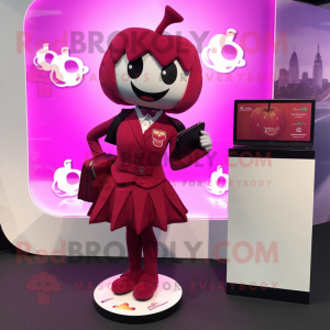 Magenta Cherry mascot costume character dressed with a Mini Skirt and Briefcases