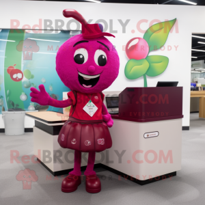 Magenta Cherry mascot costume character dressed with a Mini Skirt and Briefcases