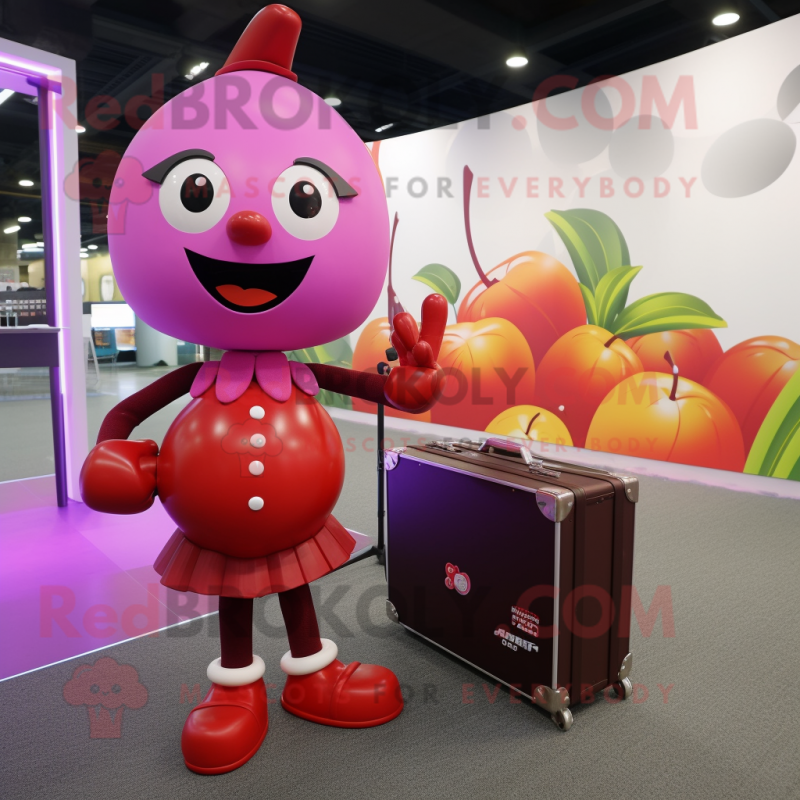 Magenta Cherry mascot costume character dressed with a Mini Skirt and Briefcases