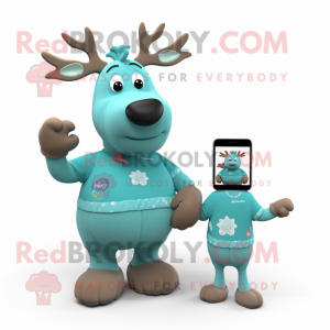 Turquoise Moose mascot costume character dressed with a Wrap Dress and Smartwatches