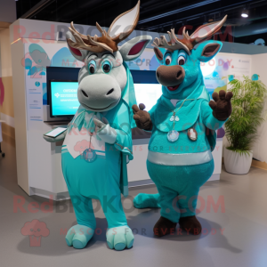 Turquoise Moose mascot costume character dressed with a Wrap Dress and Smartwatches
