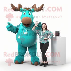Turquoise Moose mascot costume character dressed with a Wrap Dress and Smartwatches