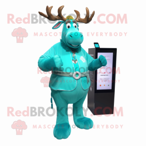 Turquoise Moose mascot costume character dressed with a Wrap Dress and Smartwatches