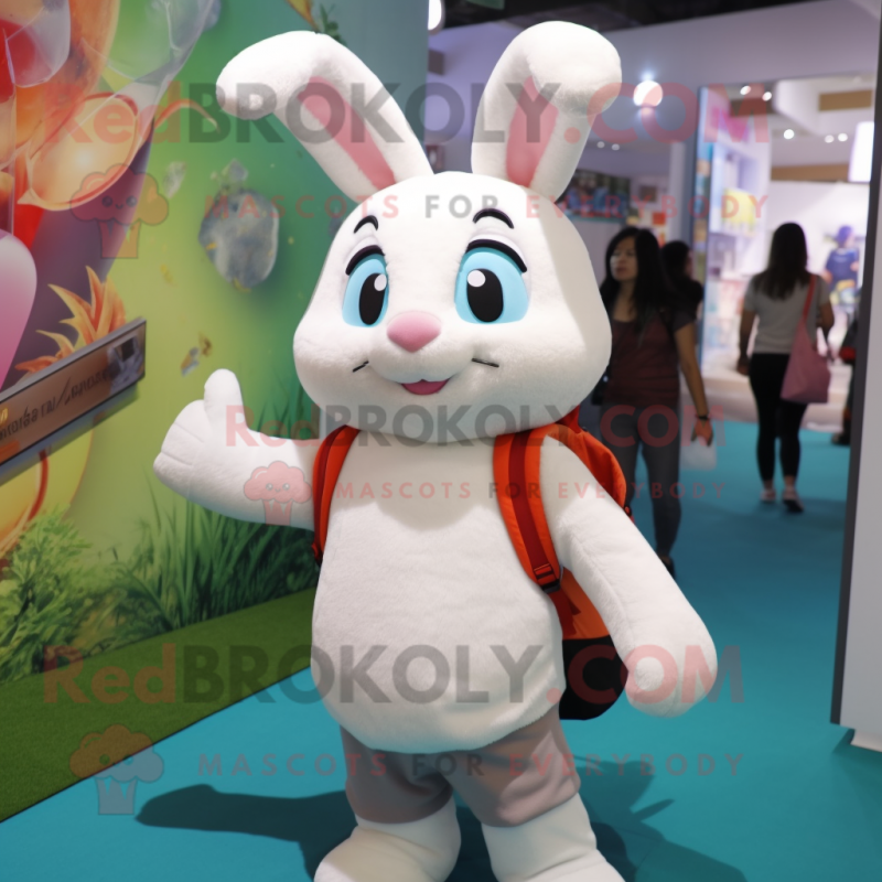 nan Rabbit mascot costume character dressed with a T-Shirt and Backpacks