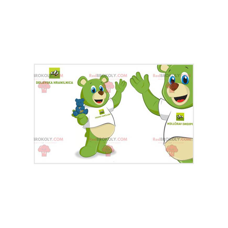 Mascotte de nounours vert avec les yeux bleus. Ourson vert -