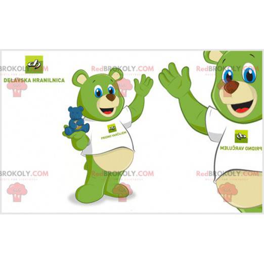 Mascotte de nounours vert avec les yeux bleus. Ourson vert -