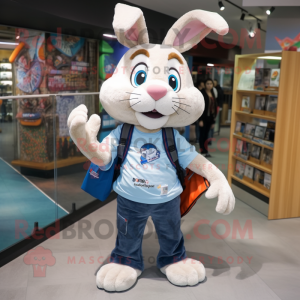 nan Rabbit mascot costume character dressed with a T-Shirt and Backpacks