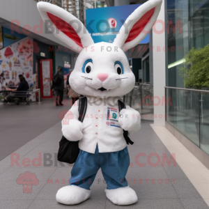 nan Rabbit mascot costume character dressed with a T-Shirt and Backpacks