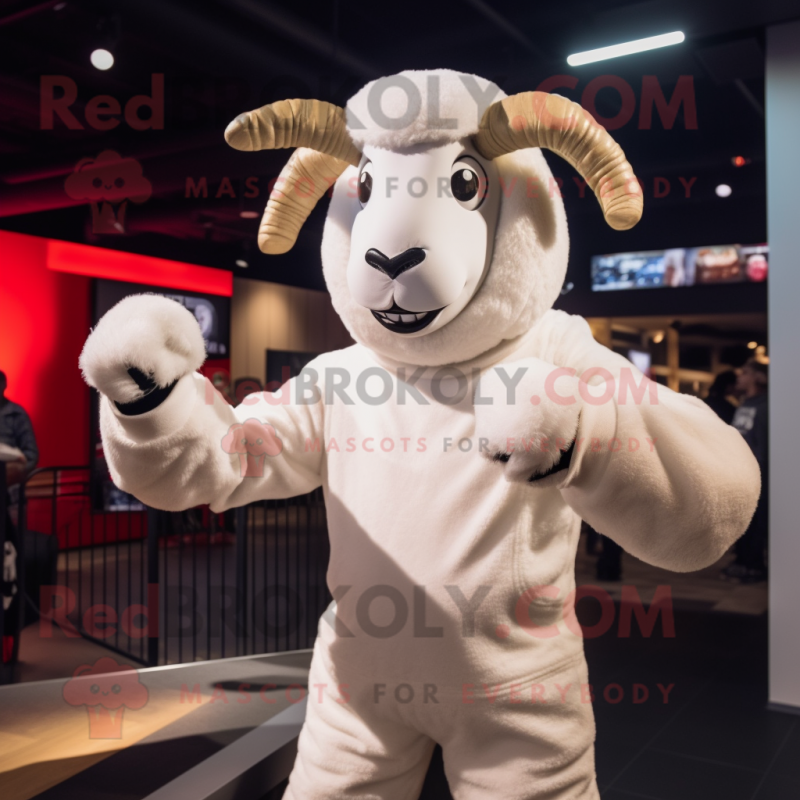 White Ram mascot costume character dressed with a Long Sleeve Tee and Gloves White Ram mascot costume character dressed with a Long Sleeve Tee and Gloves