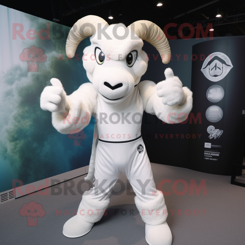 White Ram mascot costume character dressed with a Long Sleeve Tee and Gloves White Ram mascot costume character dressed with a Long Sleeve Tee and Gloves