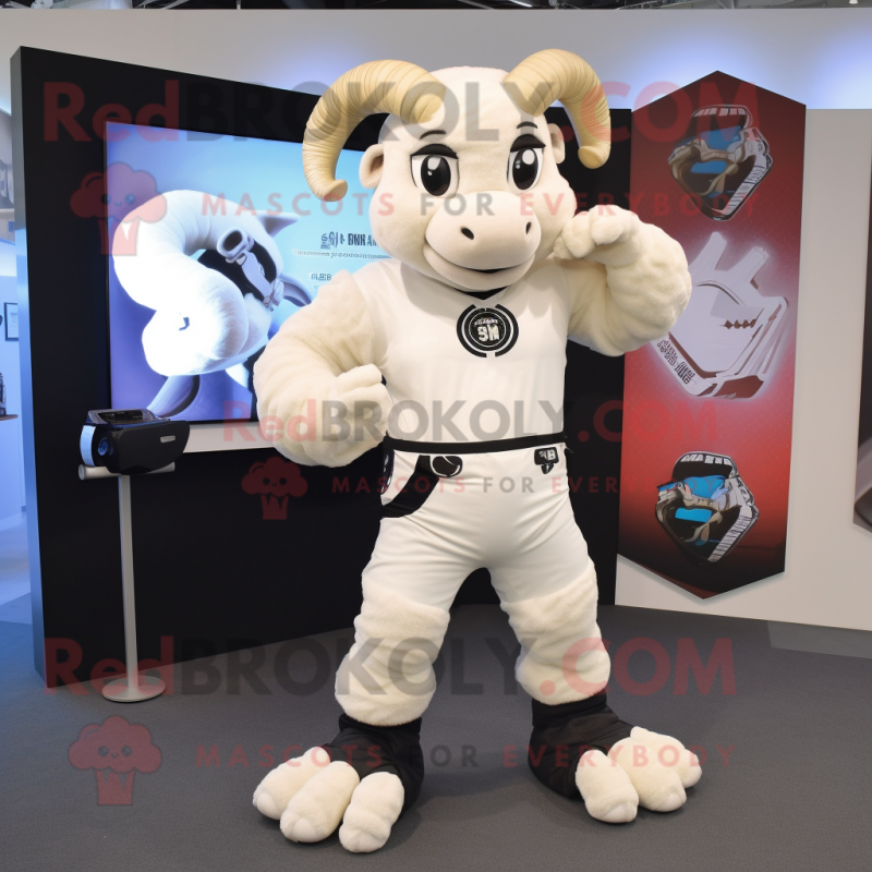 White Ram mascot costume character dressed with a Long Sleeve Tee and Gloves White Ram mascot costume character dressed with a Long Sleeve Tee and Gloves
