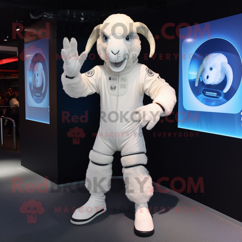 White Ram mascot costume character dressed with a Long Sleeve Tee and Gloves White Ram mascot costume character dressed with a Long Sleeve Tee and Gloves