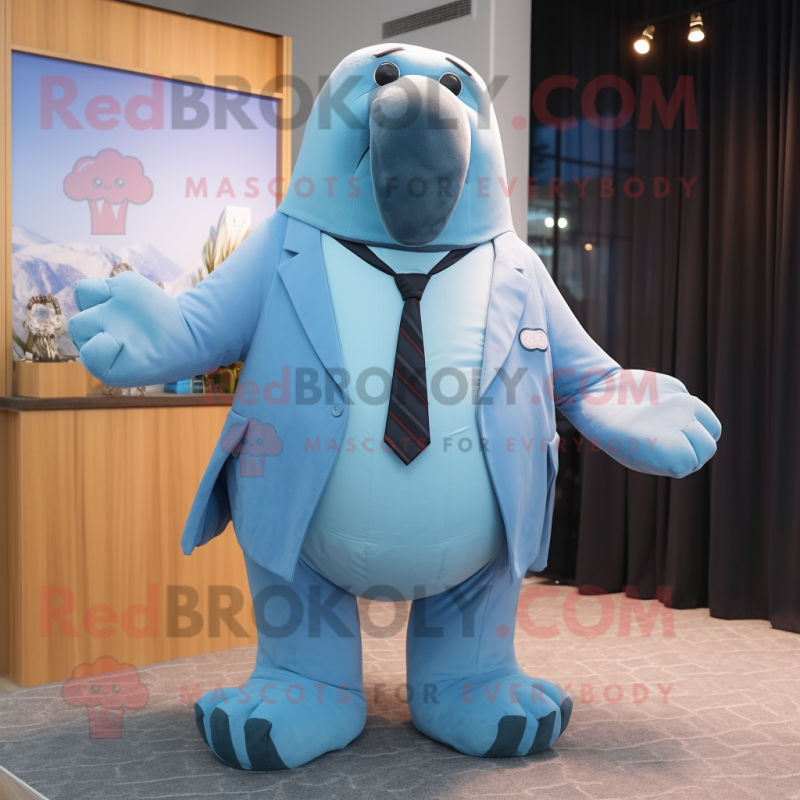 Sky Blue Walrus mascot costume character dressed with a Blazer and Foot pads