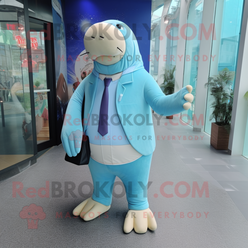 Sky Blue Walrus mascot costume character dressed with a Blazer and Foot pads Sky Blue Walrus mascot costume character dressed with a Blazer and Foot pads