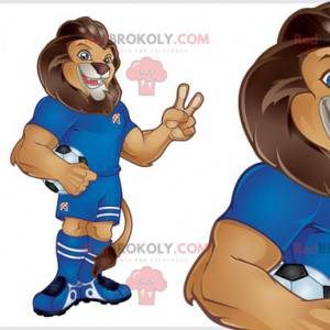 Mascotte leone marrone molto muscoloso in abito da calciatore -