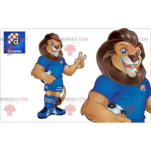 Mascotte de lion marron très musclé en tenue de footballeur -