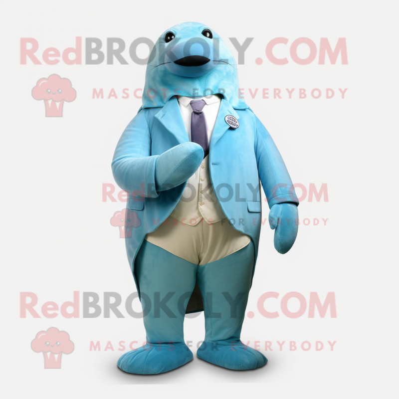 Sky Blue Walrus mascot costume character dressed with a Blazer and Foot pads Sky Blue Walrus mascot costume character dressed with a Blazer and Foot pads