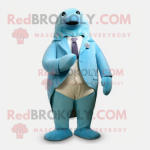 Sky Blue Walrus mascot costume character dressed with a Blazer and Foot pads