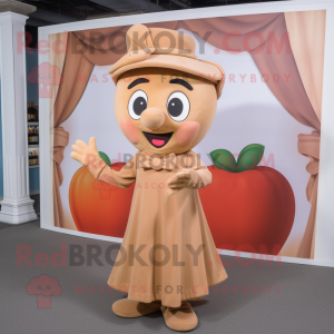 Tan Apple mascot costume character dressed with a Sheath Dress and Berets