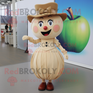 Tan Apple mascot costume character dressed with a Sheath Dress and Berets