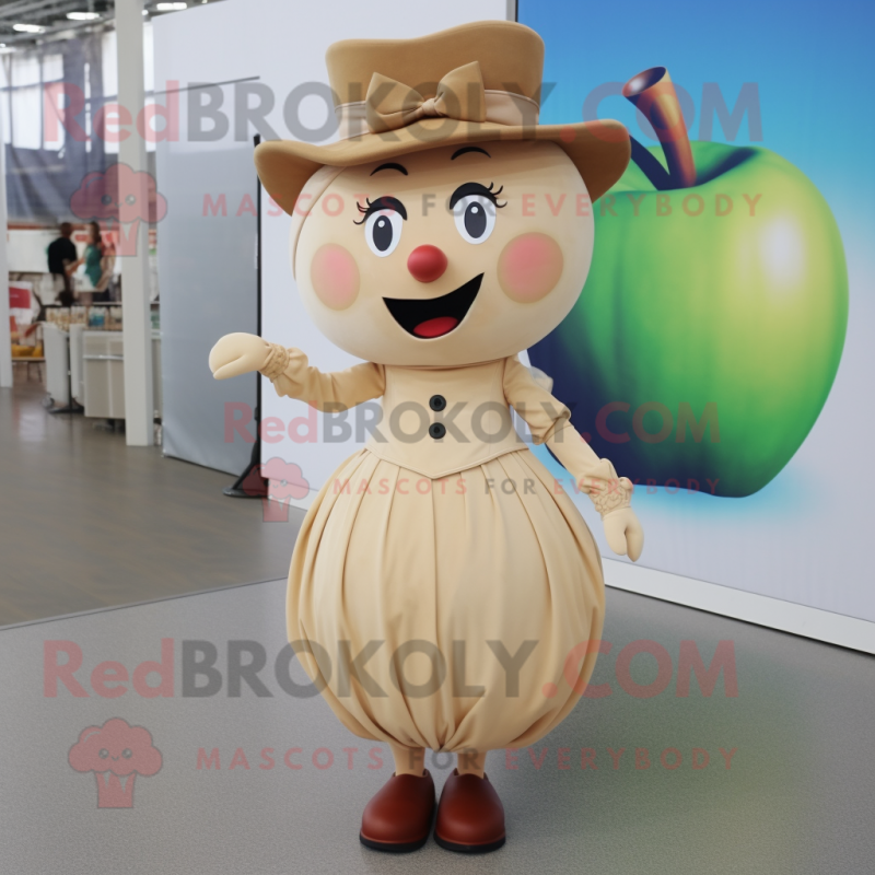 Tan Apple mascot costume character dressed with a Sheath Dress and Berets Tan Apple mascot costume character dressed with a Sheath Dress and Berets