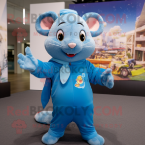 Sky Blue Rat mascot costume character dressed with a Jumpsuit and Scarves