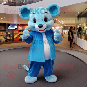 Sky Blue Rat mascot costume character dressed with a Jumpsuit and Scarves