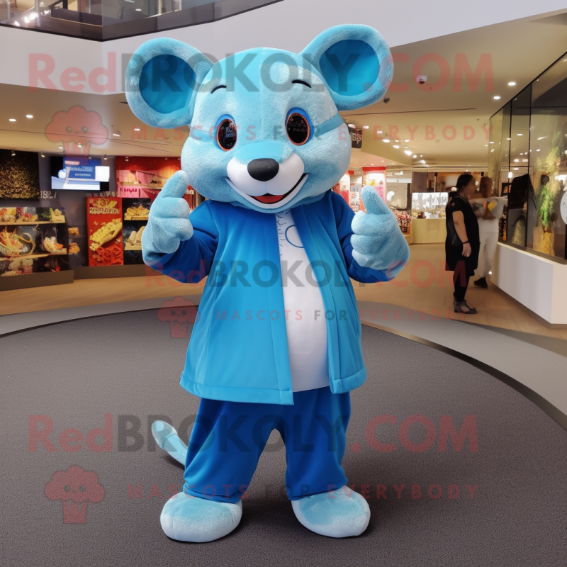 Sky Blue Rat mascot costume character dressed with a Jumpsuit and Scarves Sky Blue Rat mascot costume character dressed with a Jumpsuit and Scarves