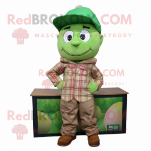 Green Apricot mascot costume character dressed with a Flannel Shirt and Caps