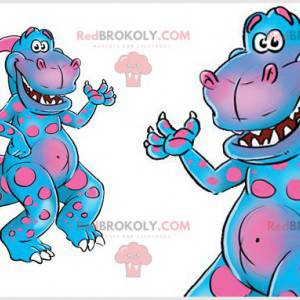 Mascotte dinosauro rosa e blu divertente e colorato -