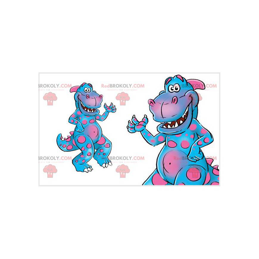 Engraçado e colorido mascote de dinossauro rosa e azul -