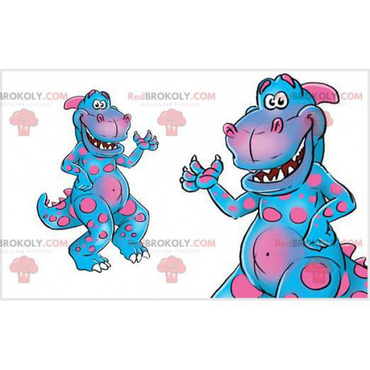 Engraçado e colorido mascote de dinossauro rosa e azul -