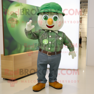 Green Apricot mascot costume character dressed with a Flannel Shirt and Caps