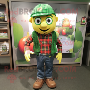 Green Apricot mascot costume character dressed with a Flannel Shirt and Caps