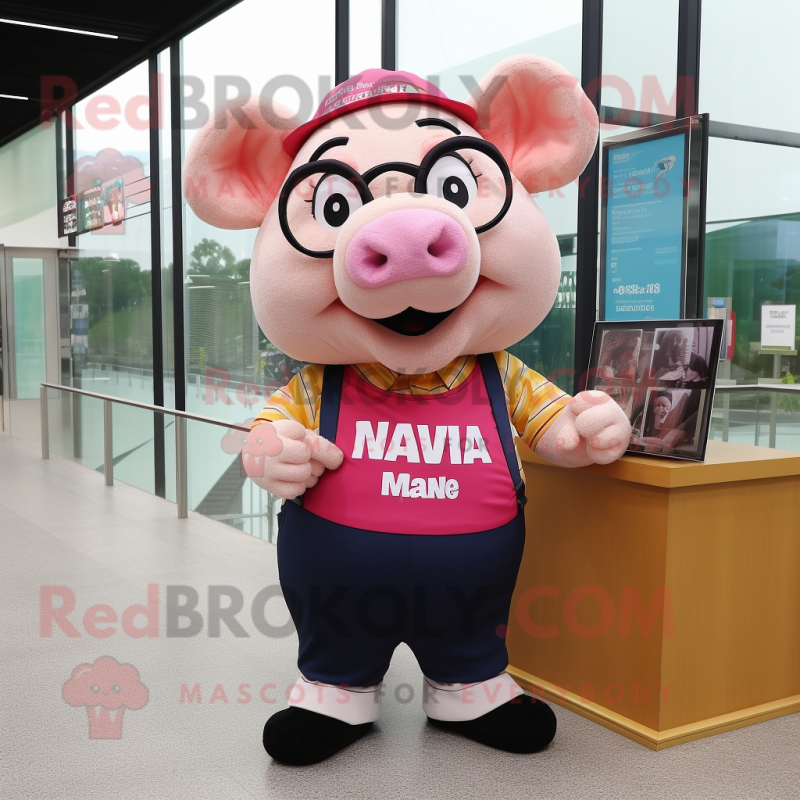 nan Pig mascot costume character dressed with a Overalls and Reading glasses