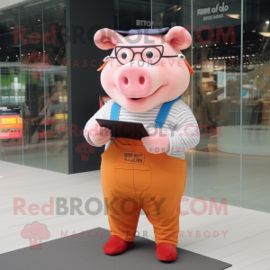 nan Pig mascot costume character dressed with a Overalls and Reading glasses