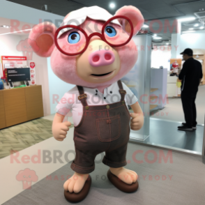 nan Pig mascot costume character dressed with a Overalls and Reading glasses