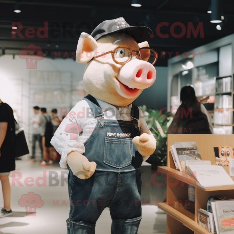 nan Pig mascot costume character dressed with a Overalls and Reading glasses