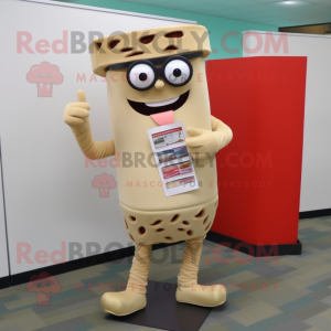 Beige Lasagna mascot costume character dressed with a Leggings and Reading glasses